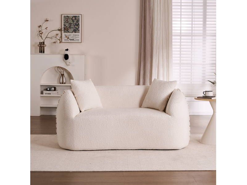 Canapé droit moderne 2 places 155x90x67 cm compressé incurvé, pour le salon, en mousse et tissu chenille, blanc crème - Conforama B
