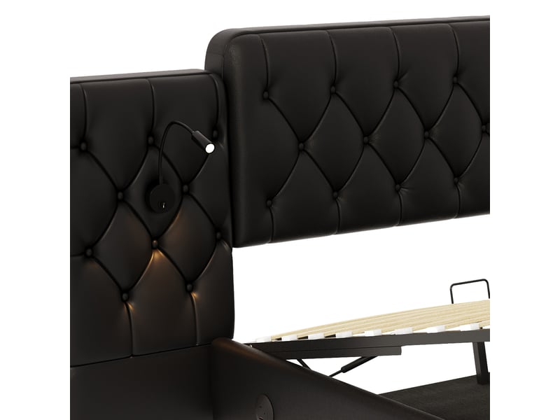  Lit coffre 160x200 cm noir en pu avec lampes de lecture et ports usb  - Conforama R