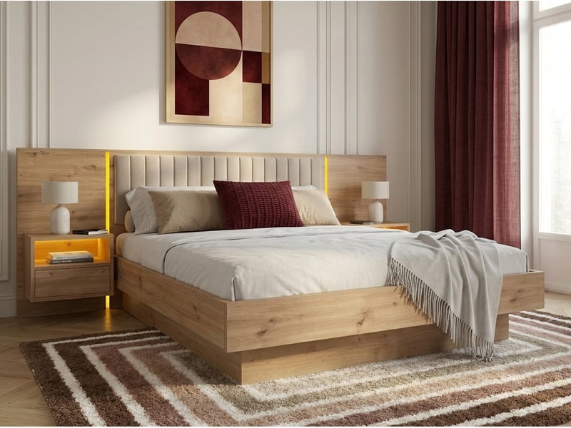  Bobochic lit coffre avec leds riad et chevets intégrés beige 180x200 RIAD - Conforama D