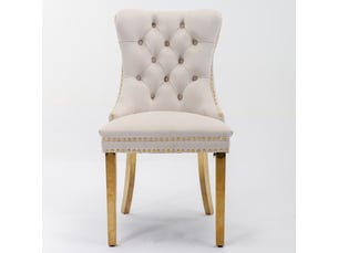 Lot de 2 chaises de salle à manger en velours beige, bois massif et pieds dorés - design élégant