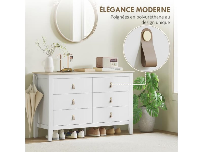  Commode 6 tiroirs meuble de rangement style contemporain avec poignées en polyuréthane, 120 x 40 x 78 cm, blanc  - Conforama E