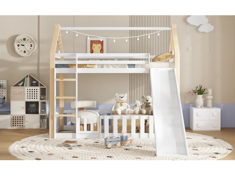  Lit mezzanine cabane avec toboggan et portillon - 90x200cm - espace de jeu sous le lit et échelle à 3 échelons - avec sommier à lattes - blanc et naturel  - Conforama B