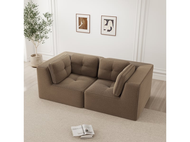  Canapé d'angle modulable 2 places en velours côtelé marron, sans montage, assise profonde, design sans cadre  - Conforama B