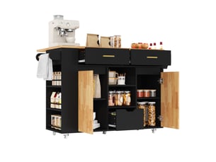 Ilot central de cuisine - 120x71x90cm - desserte avec plateau rabattable 3 tiroirs placards et roulettes - noir et bois