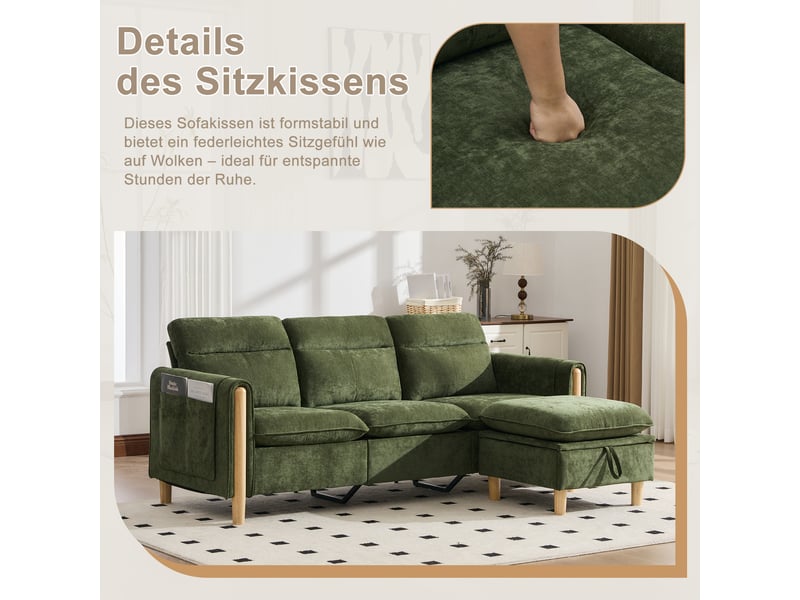 Canapé d’angle modulable 3 places 201x77x86 cm, méridienne réversible avec coffre, poches latérales, pieds en bois, style scandinave, chenille verte - Conforama E