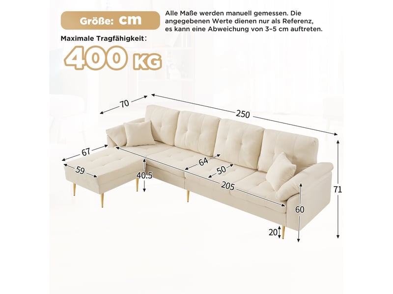 Canapé 4 places 250 cm avec pouf séparé beige clair - Conforama E