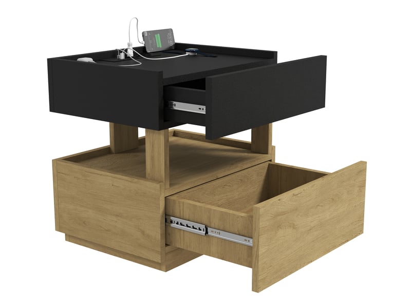  Table de chevet 2 tiroirs avec charge sans fil et led noir et bois 50x40x50 cm W3056P466186 - Conforama B