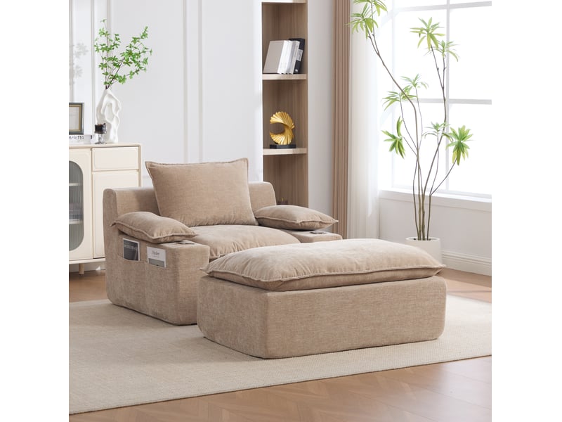  Méridienne tcqpz en chenille kaki clair 1 place avec 4 coussins porte-gobelet poche de rangement sans montage  - Conforama D