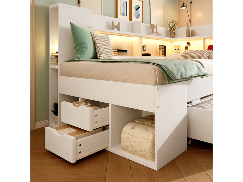 Lit banquette enfant simple 90x190 cm avec led et ports usb+type-c, rangements, mdf, blanc, sans matelas  - Conforama E