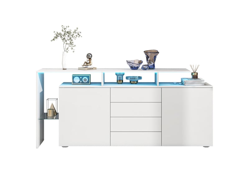  Buffet bas led blanc – 160 x 35 x 70 cm – 2 portes, 4 tiroirs et compartiment vitré  - Conforama A