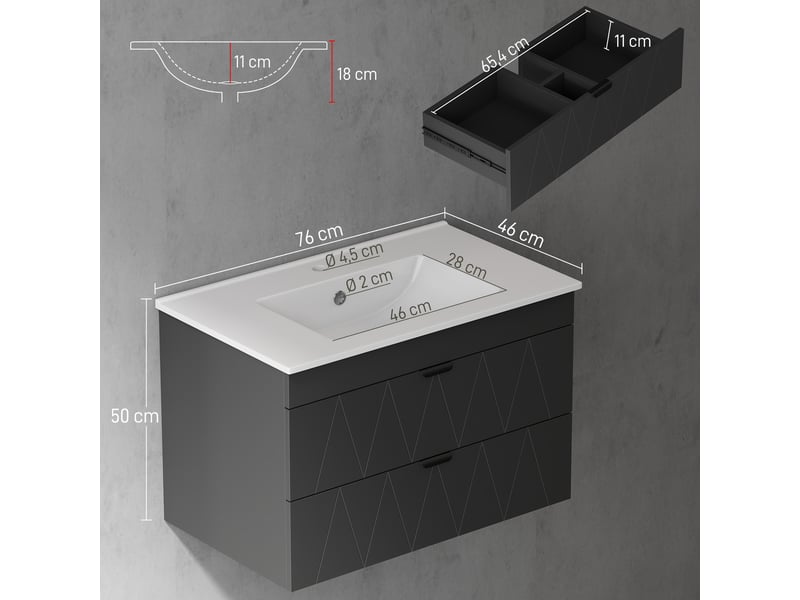 Meuble sous vasque suspendu noir mat, vasque en céramique, 2 tiroirs, 76 x 46 x 50 cm  - Conforama E