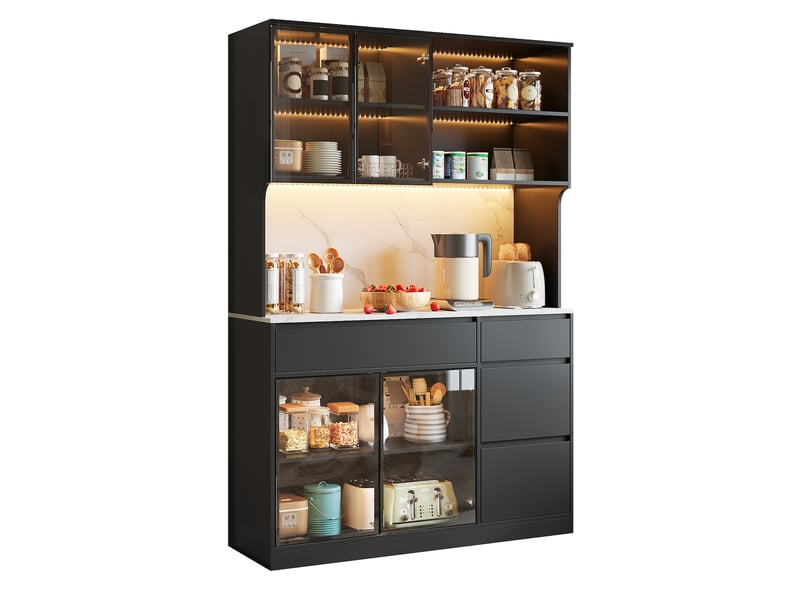  Buffet et enfilade avec tiroirs, niches et vitrines led pour salle à manger, mdf noir et blanc, 120 × 40 × 180 cm  - Conforama A