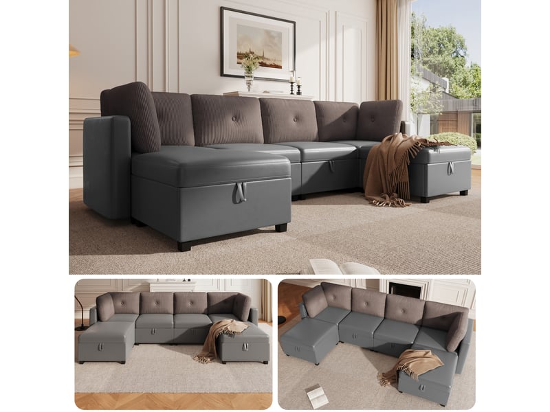  Canapé modulable en u 6 places, canapé d'angle gris antique avec coffre de rangement, velours et velours côtelé (261x132.5cm)  - Conforama D