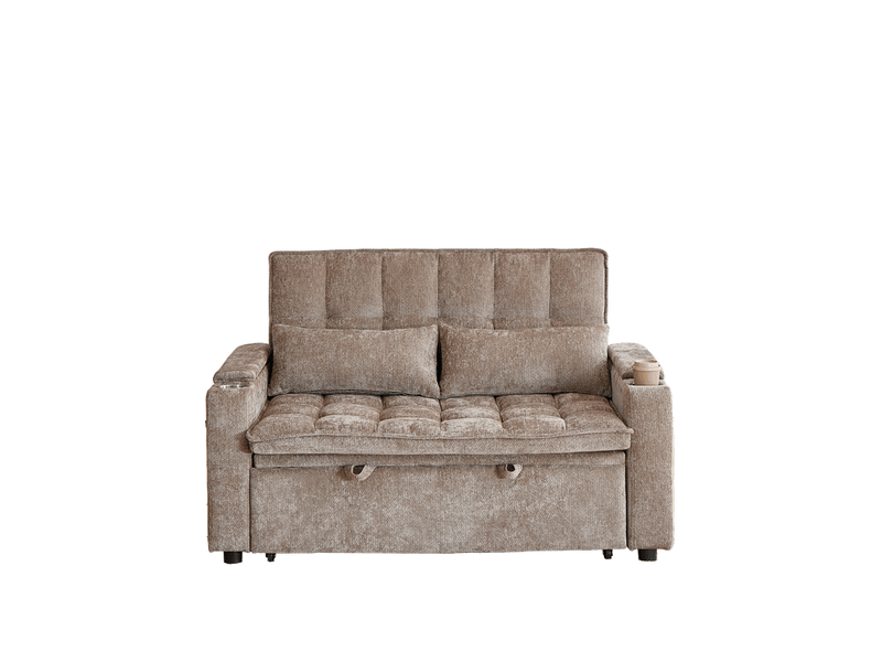 Canapé-lit 3-en-1 142 cm avec coussins moelleux, 2 coussins lombaires, tablette et porte-gobelet - Conforama A