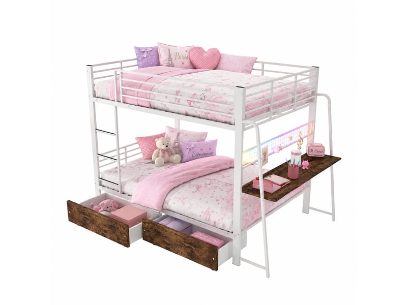  Lit superposé avec bureau 140 x 200 cm - métal blanc, 2 tiroirs, led rgb et prises usbtype-c  - Conforama A