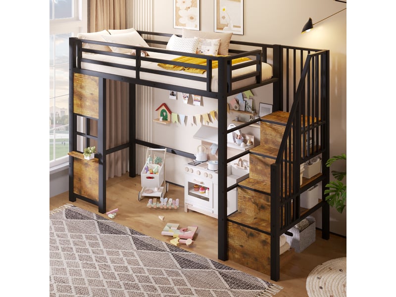 Lit mezzanine enfant 90x200 cm en métal et mdf avec escalier de rangement, fenêtre, étagères, garde-corps et espace de jeu, noir - Conforama D