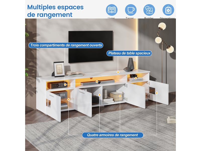  Meuble tv mural 180x35x45 cm - éclairage led contrôlable par application - mdf et panneaux de particules - blanc CozyNest - Conforama C