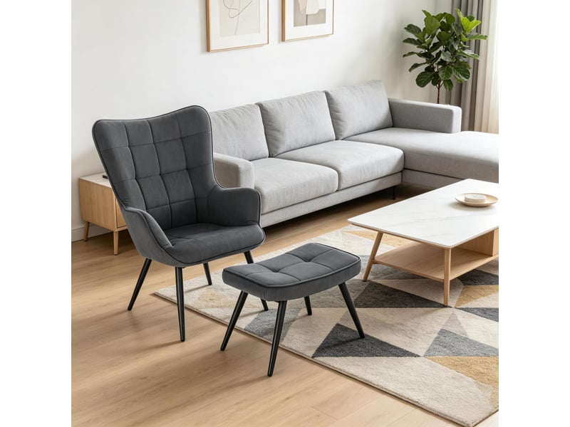  Fauteuil de salon avec repose-pieds 50x49x97cm – lounge chair relax avec dossier haut et pieds en métal – velours côtelé - anthracite  - Conforama D