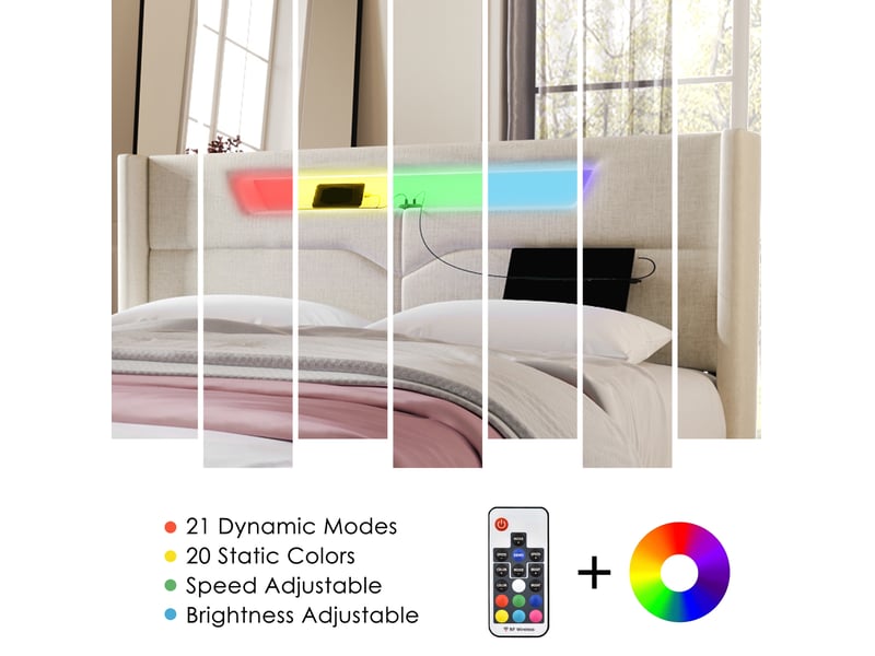  Lit coffre 160 × 200 cm 2 places avec led réglable, usb et type-c, matelas inclus, en lin beige  - Conforama E
