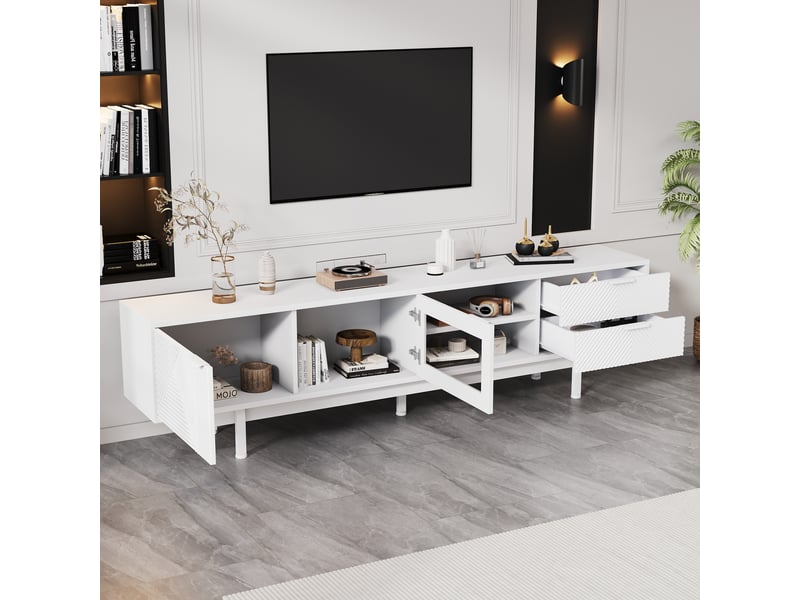  Meuble tv 200 cm blanc moderne pour 80 pouces avec 2 portes et 2 tiroirs  - Conforama B