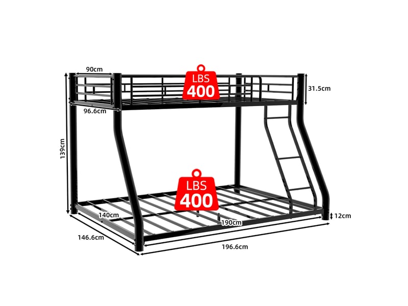  Lit superposé métal 90 x 190140 x 190 cm, avec 2 couchages, échelle et barrières de sécurité, noir  - Conforama C