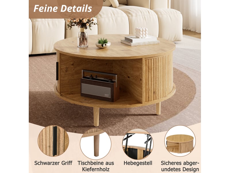 Table basse ronde relevable avec rangement – mdf – décor chêne clair – ø 80 x h 59 cm - Conforama E