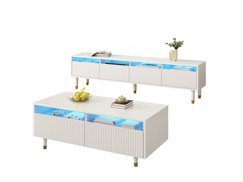  Ensemble meuble tv et table basse avec led, mdf blanc et détails dorés  - Conforama A