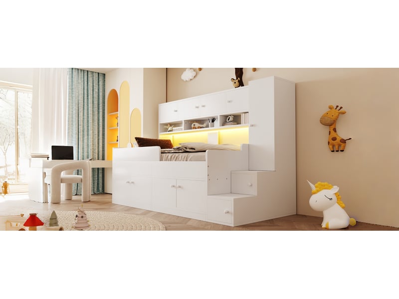  Lit mezzanine 90x200 cm avec éclairage led, lit enfant en bois avec penderie, cadre de lit adulte avec sommier à lattes, blanc  - Conforama W