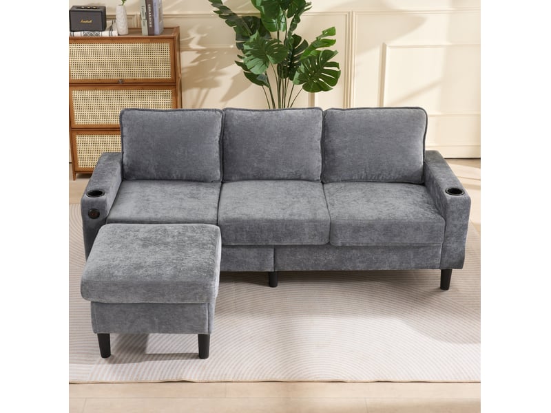 Canapé d'angle convertible gris en tissu, avec méridienne modulable, usb, usb-c et porte-gobelets intégrés - Conforama B