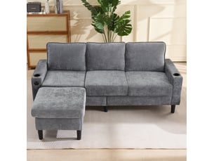 Canapé d'angle convertible gris en tissu, avec méridienne modulable, usb, usb-c et porte-gobelets intégrés