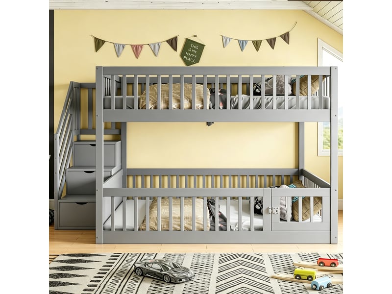 Lit superposé 140 × 200 cm 2 places avec escalier à tiroirs et barrières, sans matelas, en bois massif gris - Conforama C