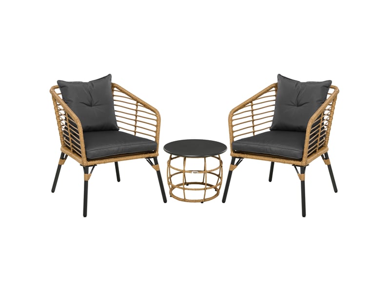 Salon de jardin bistrot 3 pièces 62x65x78 cm – sable et gris foncé – table basse ronde, coussins lavables - Conforama A