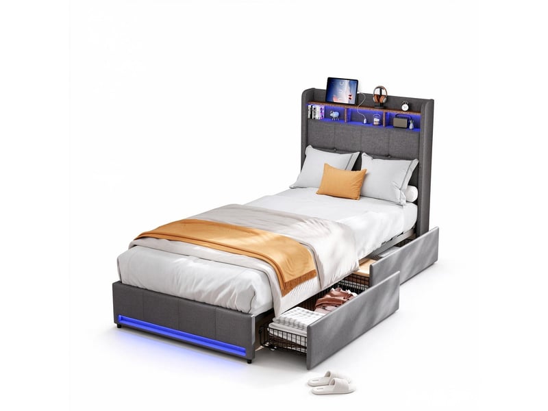 Lit 1 place 90x200 cm avec 4 tiroirs,lit simple avec led et chargeur usb-c, lit jeune, sommier, gris lin, sans matelas - Conforama A