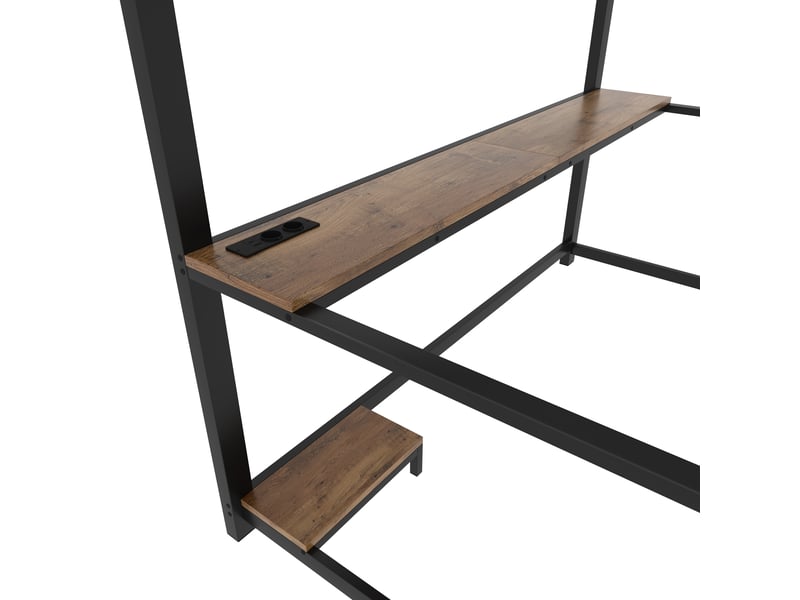  Lit mezzanine 90 × 200 cm, bureau, étagère ordinateur, led, prises usb, barrières, échelle, métal et mdf, noir  - Conforama E