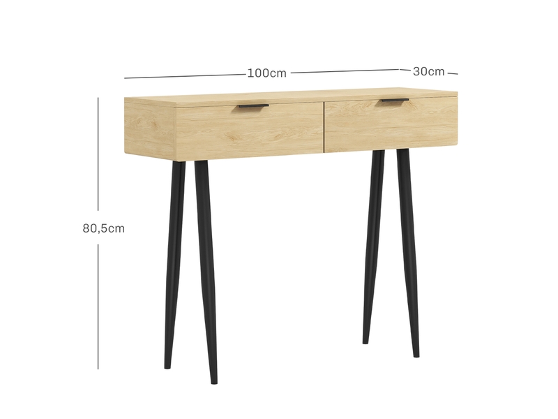  Meuble d'entrée avec 2 tiroirs et pieds en acier, chêne, 100 x 30 x 80,5 cm  - Conforama E
