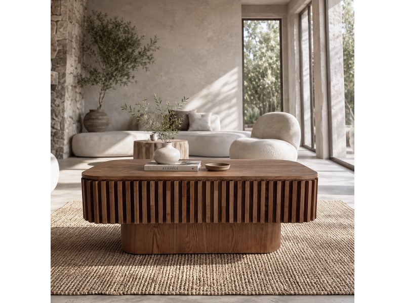 Table basse rectangle 98cm noyer flutée avec rangement caché – placage bois massif – style moderne et assemblage en 5 minutes - Conforama E