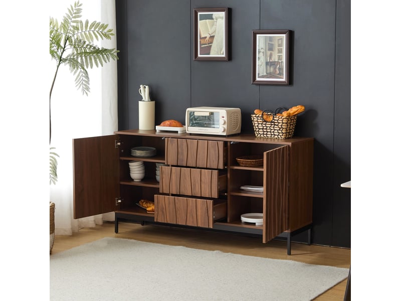 Buffet 150 cm marron foncé effet chêne, 3 tiroirs, 2 portes et 2 étagères réglables - Conforama D