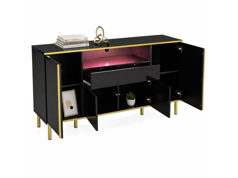  Buffet 4 portes et 1 tiroir led pour salon en mdf et panneaux de particules 150×40×80 cm noir brillant  - Conforama A