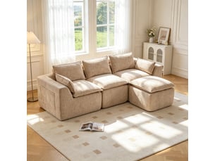 Canapé modulable compression d'angle en l,256x161x75cm,velours côtelé,canapé 3 places avec pouf,porte-gobelets,poches latérales,sans montage,kaki