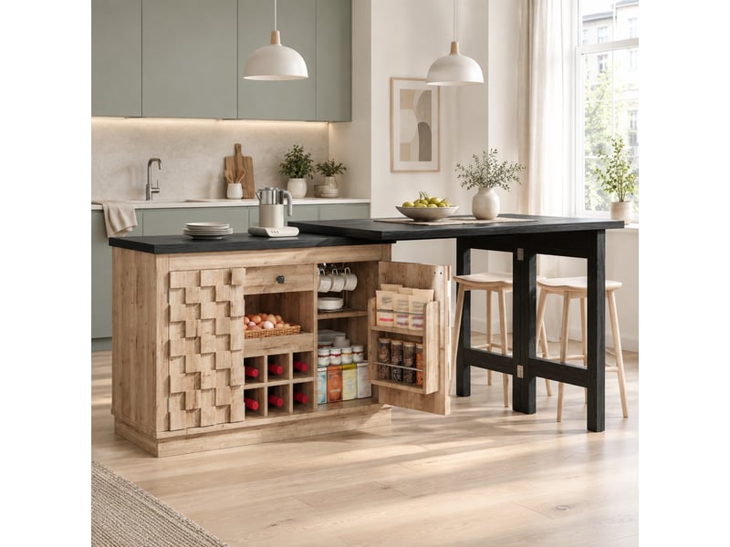  Desserte de cuisine avec 2 portes, tiroir, casier à vin amovible, plateau pivotant en mdf, 120 à 197×40×74,2 cm  - Conforama C