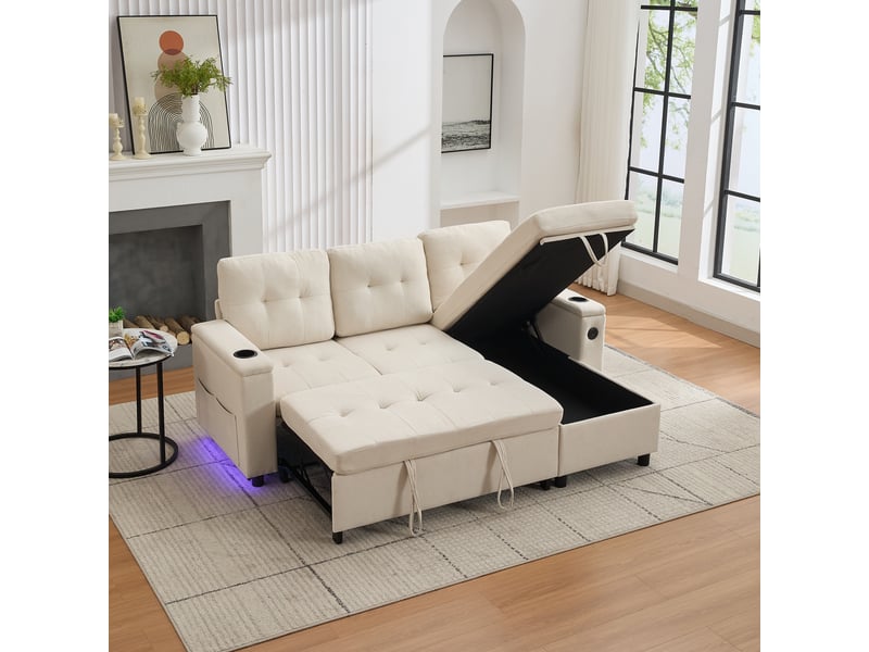  Canapé d’angle convertible 3 places 208 x 146 x 89,5 cm avec rangement dissimulé, éclairage led, ports usb, tissu beige  - Conforama W