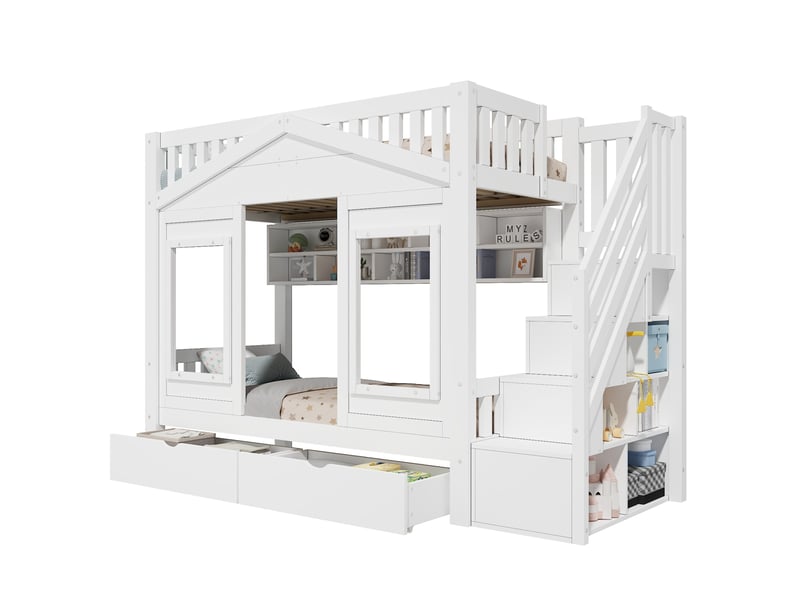  Lit mezzanine enfant 90 × 200 cm 1 place avec escalier de rangement, tiroir et barrières, sans matelas, blanc  - Conforama A