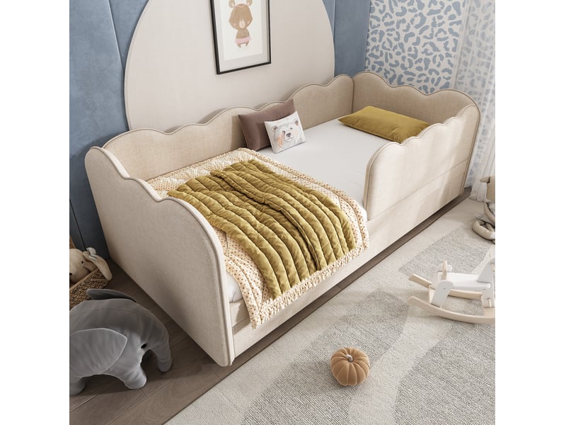 Lit enfant gigogne 90x190 cm forme de nuage unique et design en forme de l sommier lattes, lin beige, sans matelas - Conforama W