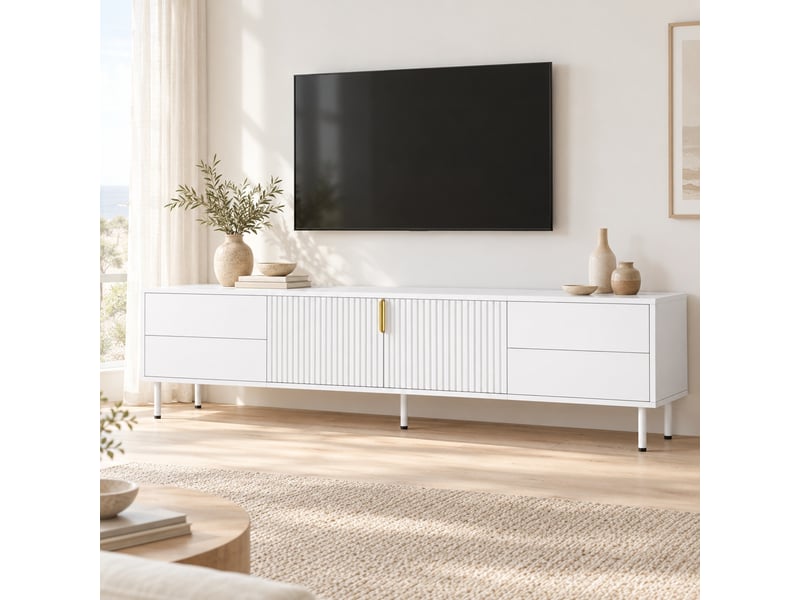  Meuble tv blanc 180 cm avec 4 tiroirs, portes rainurées et passe-câbles, style scandinave pour le salon  - Conforama B