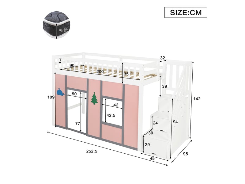  Lit mezzanine 90x200 cm, escalier de rangement et espace de jeu led, en bois, blanc et rose, sans matelas  - Conforama C