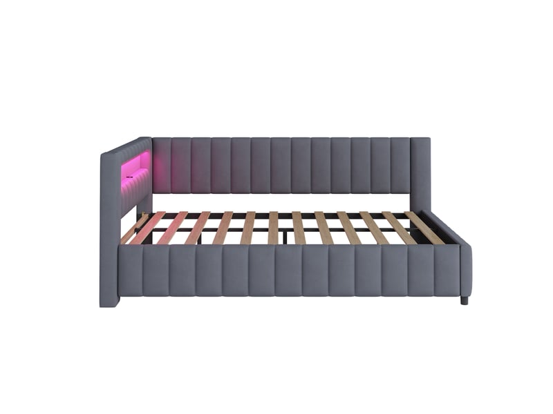  Lit 2 places 140x200 cm – gris – cadre capitonné en velours avec led multicolore et port usb, sans matelas  - Conforama D