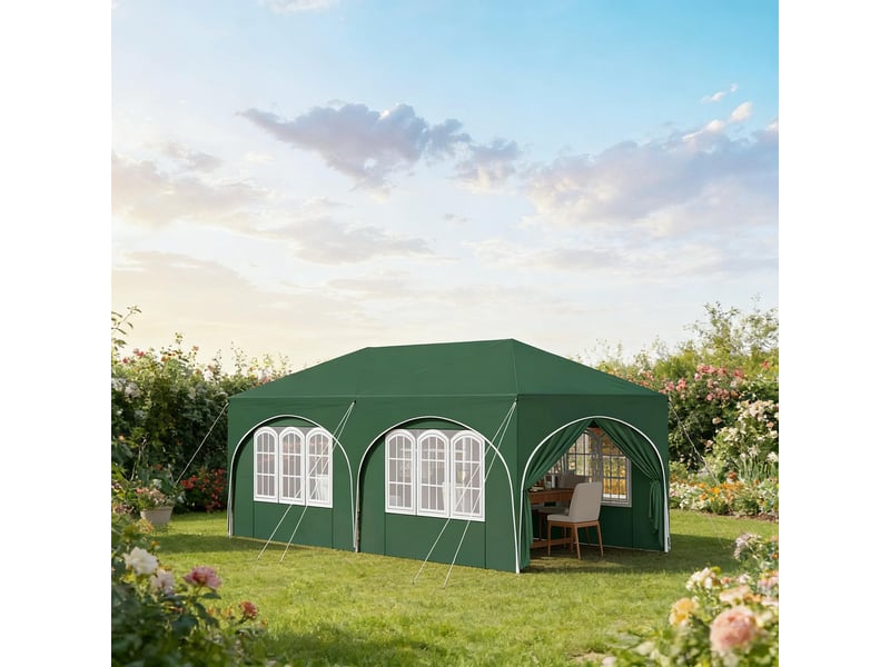 Gazebo 3x6 m vert avec 6 parois, hauteur réglable, déperlant, protection uv 50+ - Conforama E