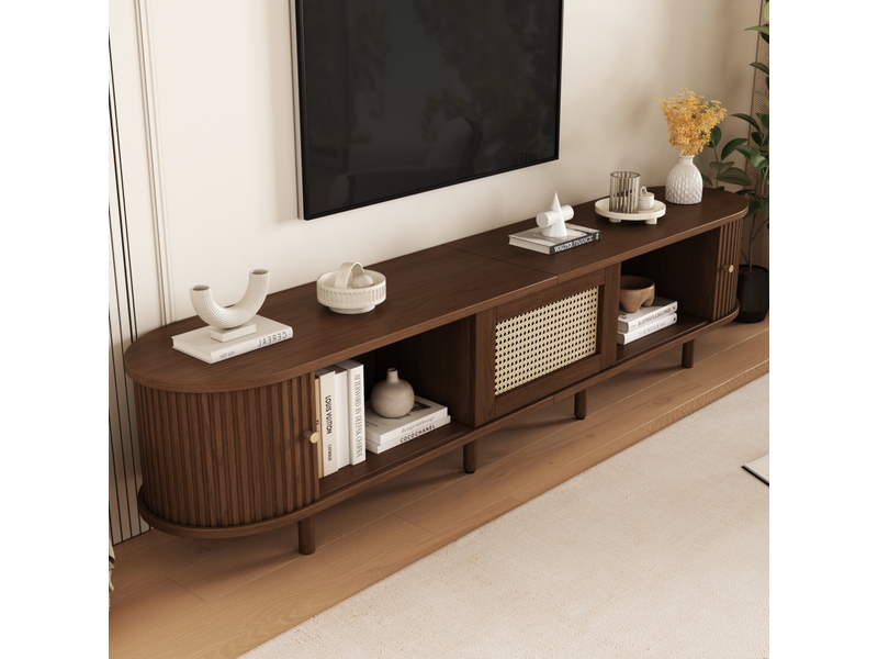  Meuble télévision bas 180x40x40 cm, marron, couleur décor rotin, 8 pieds réglables, poignées dorées, portes coulissantes, tiroir, aggloméré  - Conforama D
