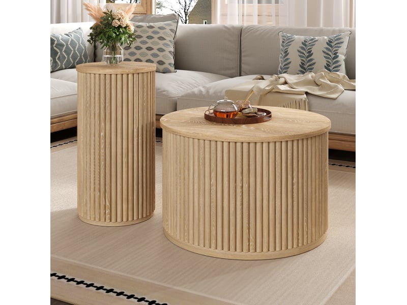  Tables basses rondes ulevr, lot de 2 tables d’appoint en mdf naturel, ø60 x h38,5 cm et ø30 x h56 cm  - Conforama B
