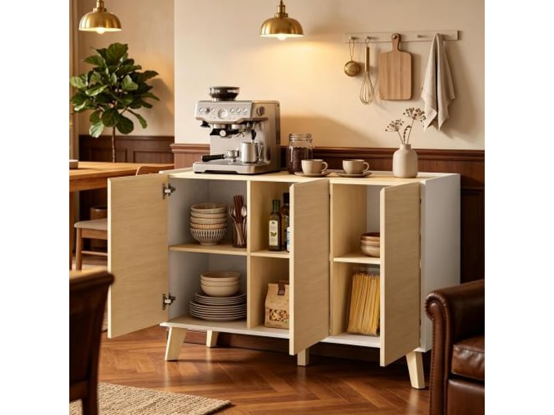 Buffet de cuisine nordique – rangement scandinave 3 portes, 6 compartiments, design moderne - Conforama E